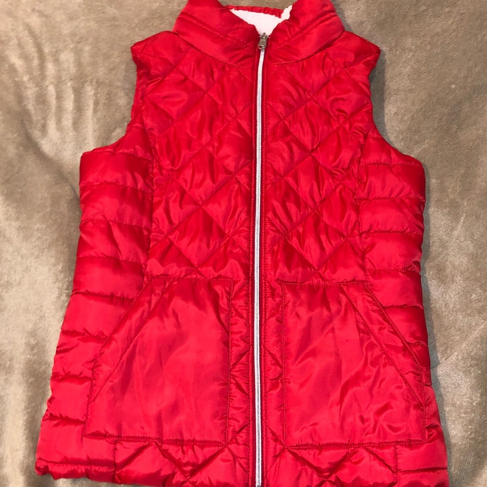 Red quilted vest with inner Sherpa lining